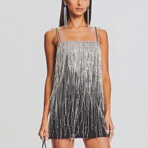 RETROFETE Juliette Embellished Crystal Fringe Black Silver Mini Dress - MEDIUM